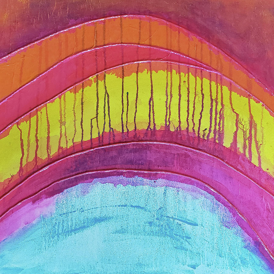 SYDNEY HARBOR BRIDGE Sunset Abstract in Pink Blue Yellow Orange Mixed Media by Lynnie Lang