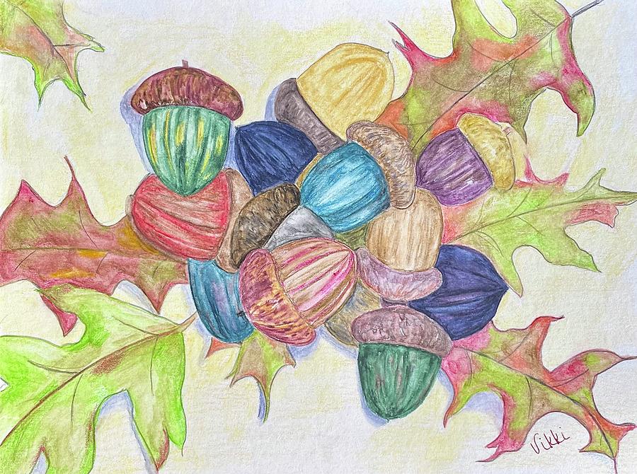 Colorful Acorns and Leaves Painting by Vikki Angel