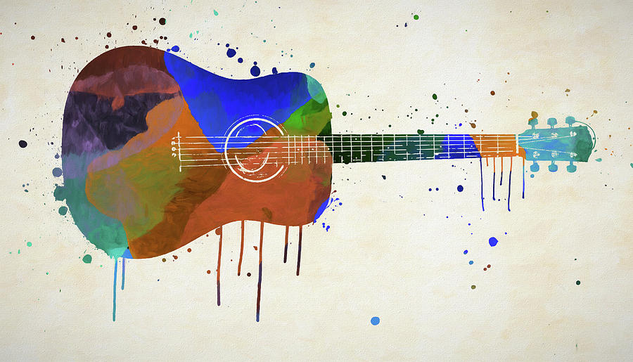 Colorful Acoustic Guitar Running Paint Mixed Media by Dan Sproul