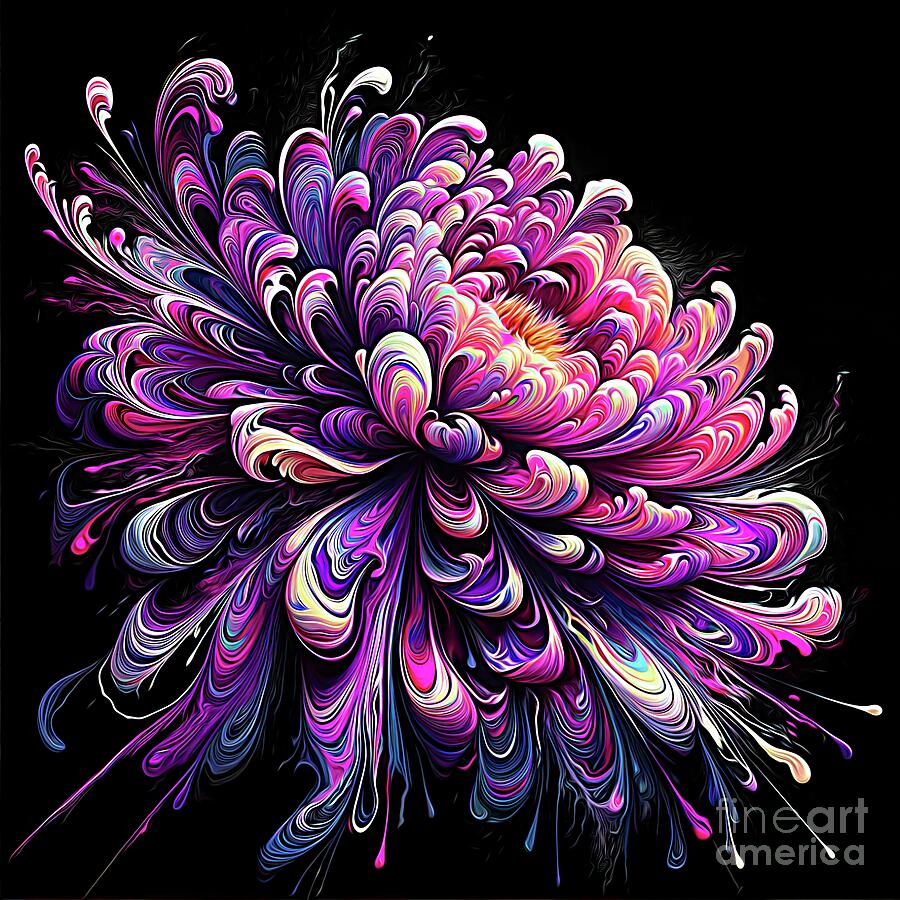 Flower Digital Art - Colorful Acrylic Pour Look Aster With Expressionist Effect on Black by Rose Santuci-Sofranko