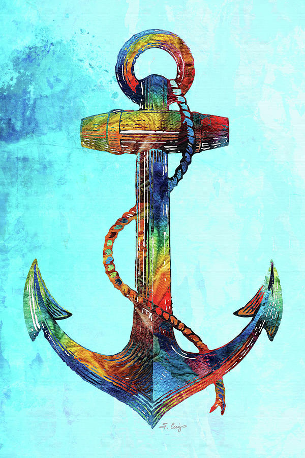 Colorful Anchor On Beach Blue Painting by Sharon Cummings