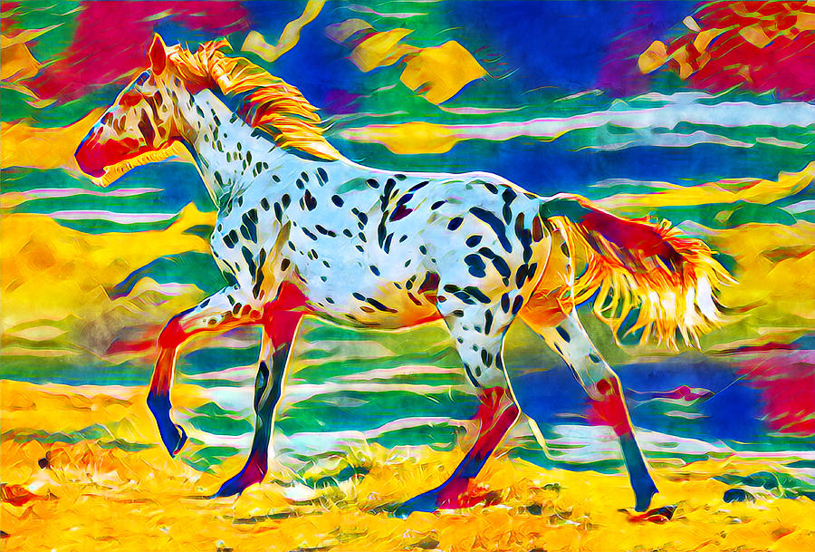 Colorful appaloosa horse walking - digital painting Digital Art by Nicko Prints