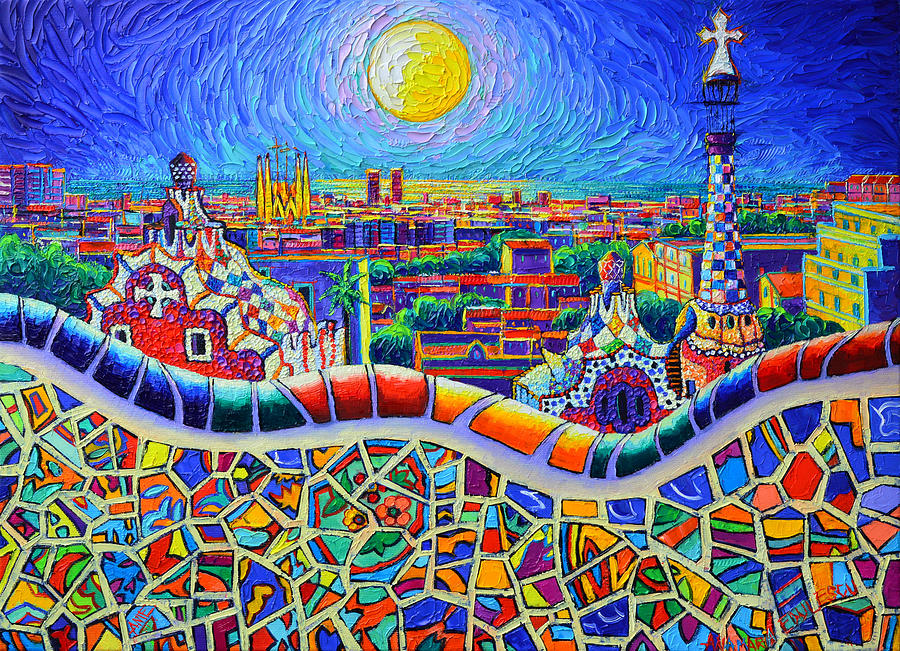 COLORFUL BARCELONA PARK GUELL MAGIC NIGHT BY MOON palette knife oil painting by Ana Maria Edulescu Painting by Ana Maria Edulescu