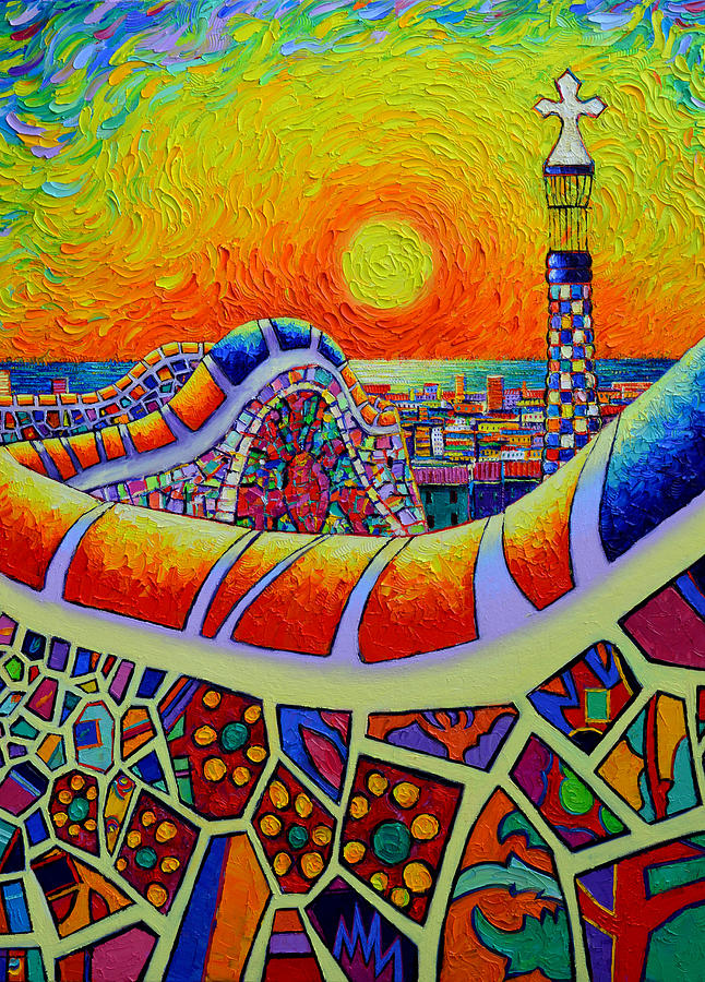 COLORFUL BARCELONA PARK GUELL SUNRISE textural impressionism knife oil painting Ana Maria Edulescu Painting by Ana Maria Edulescu