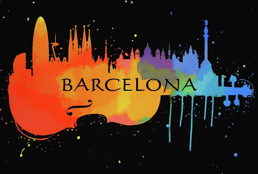 Colorful Barcelona Violin Skyline Painting by Dan Sproul