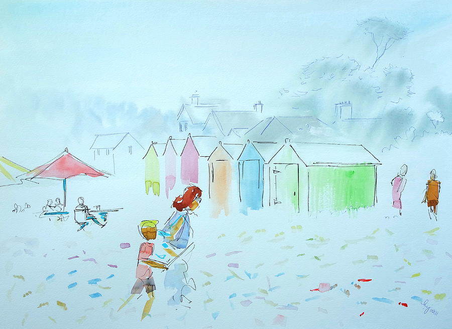 Colorful Beach Huts On Pebble Beach In Devon Painting