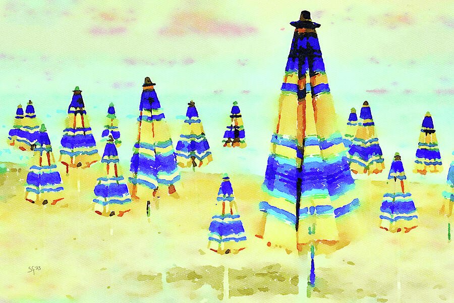 Colorful Beach Umbrellas Watercolor Painting Mixed Media by Shelli Fitzpatrick