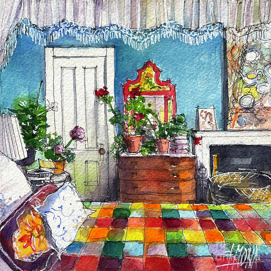 COLORFUL BEDROOM room portrait 38 watercolor painting Painting by Mona Edulesco