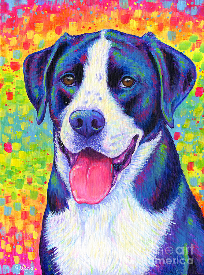 Colorful Bicolor Dog with Rainbow Colors Painting by Rebecca Wang