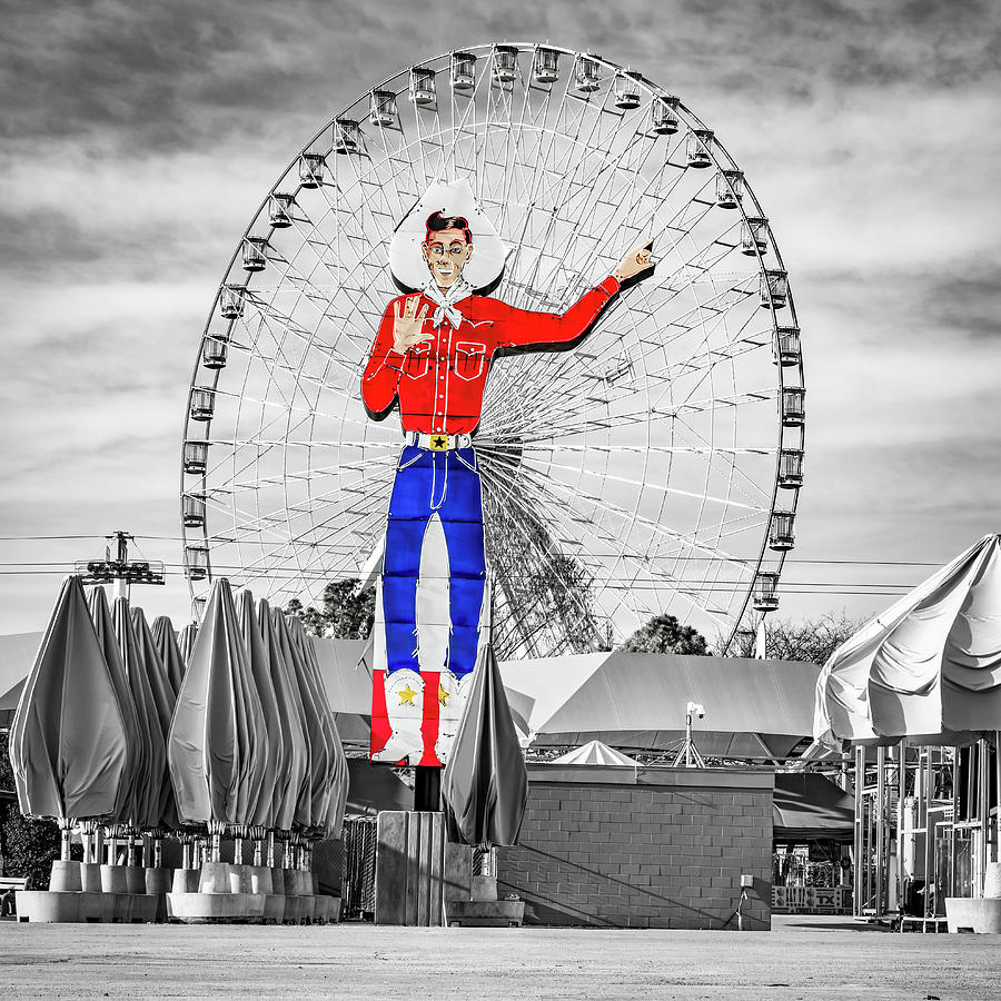 Colorful Big Tex And Monochrome Texas Star Ferris Wheel Photograph by Gregory Ballos