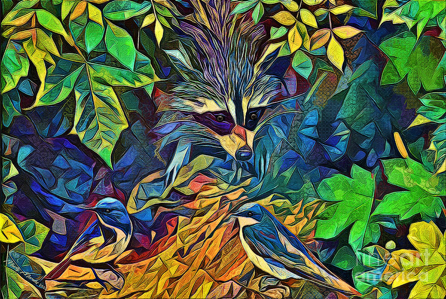 Colorful Birds and Raccoon V1 Mixed Media by Martys Royal Art