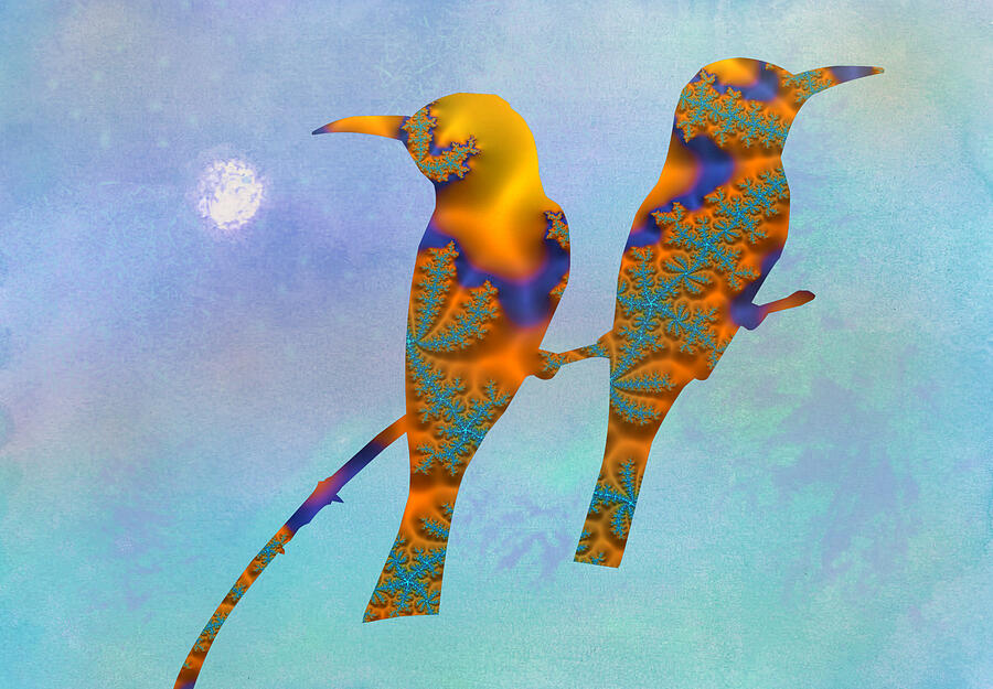 Colorful Birds On A Branch-fractal Watercolor Fusion Art Digital Art