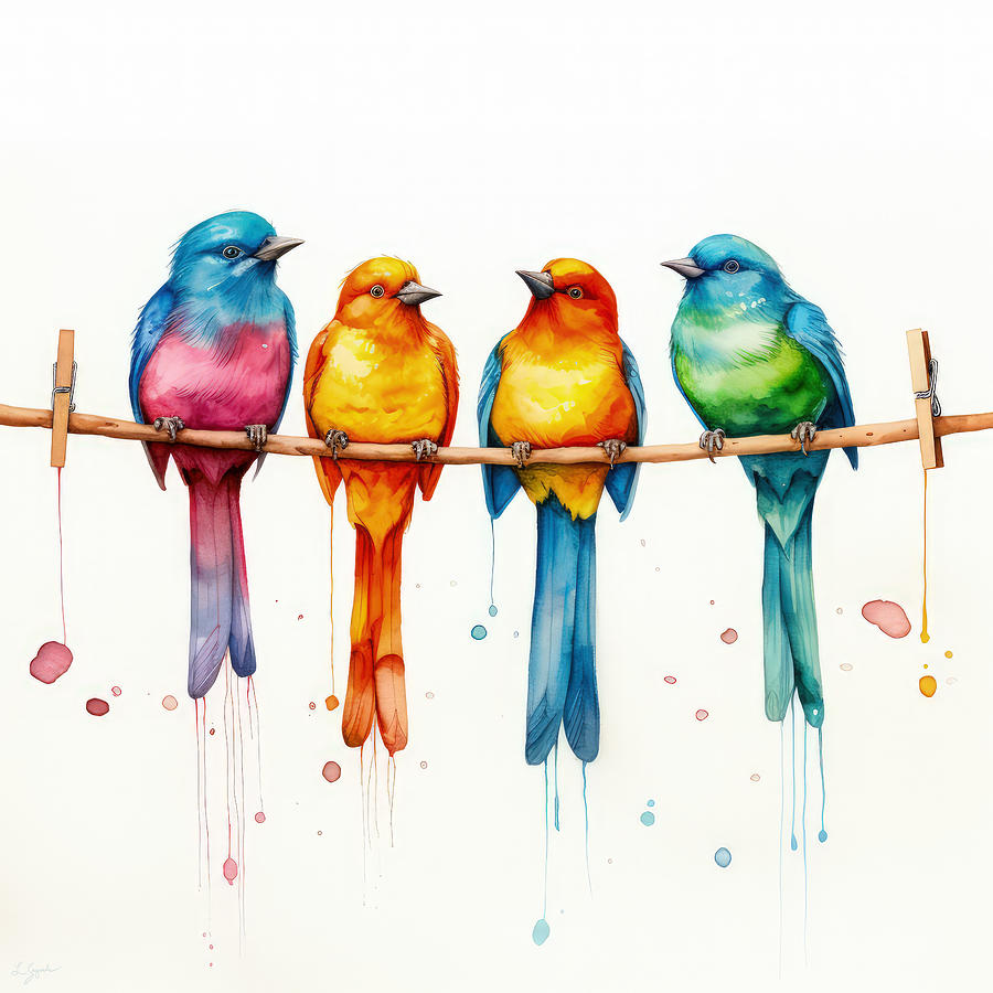 Laundry Painting - Colorful Birds on Clothesline Art by Lourry Legarde