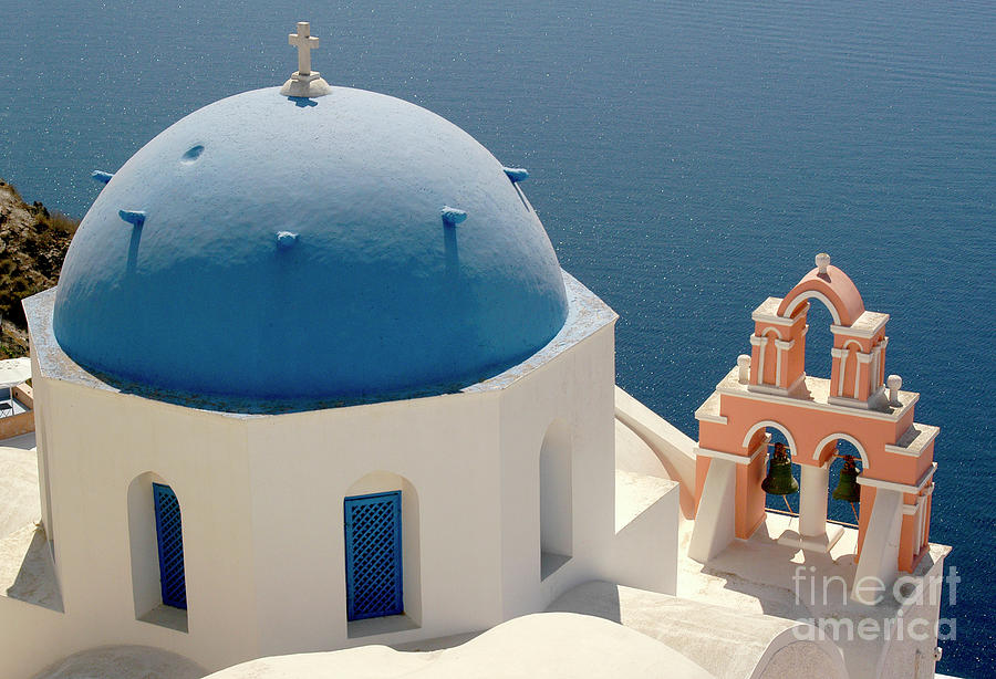 Colorful blue dome church of Ios on the isle of Santorini, Greece. Photograph by Gunther Allen