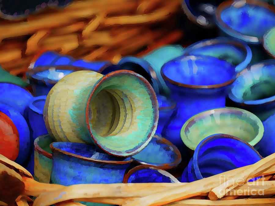 Colorful Blue Handmade Ceramic Mugs Displayed For Sale At A Fest Photograph