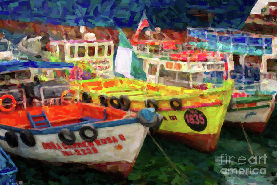 Boat Painting - Colorful boats in Valparaiso by Delphimages Photo Creations