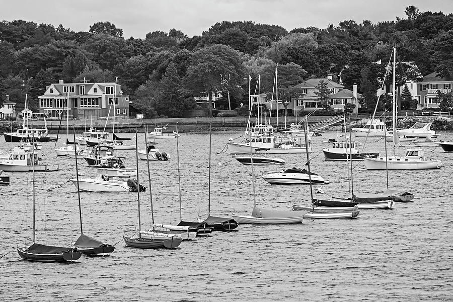 Colorful Boats Lined in Marblehead Harbor Marblehead MA Black and White Photograph by Toby McGuire