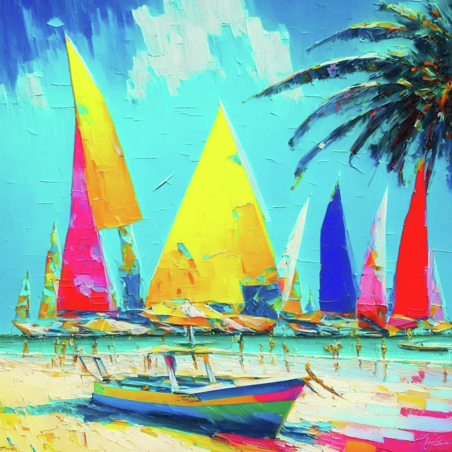 Colorful Boats On The Ocean In Heavy Acrylics Painting by Olde Time Mercantile