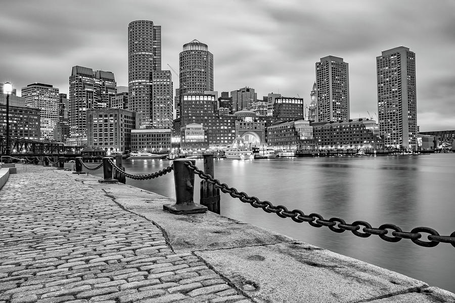 Monochrome Boston Skyline Over the Harbor - Black and White Photograph by Gregory Ballos