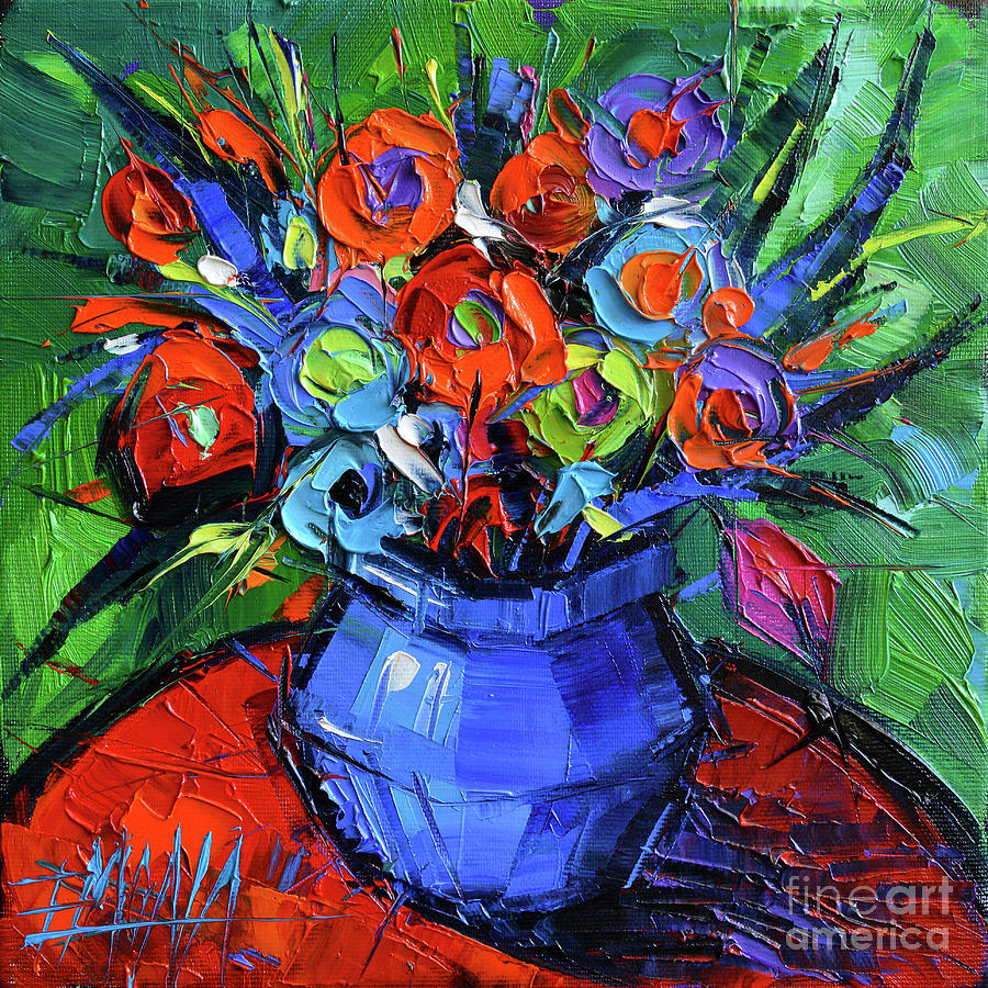 Colorful Bouquet In Blue Vase Painting by Mona Edulesco