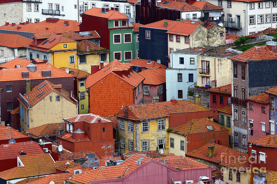 Architecture Photograph - Colorful buildings in Ribeiro historic center Porto Portugal by James Brunker