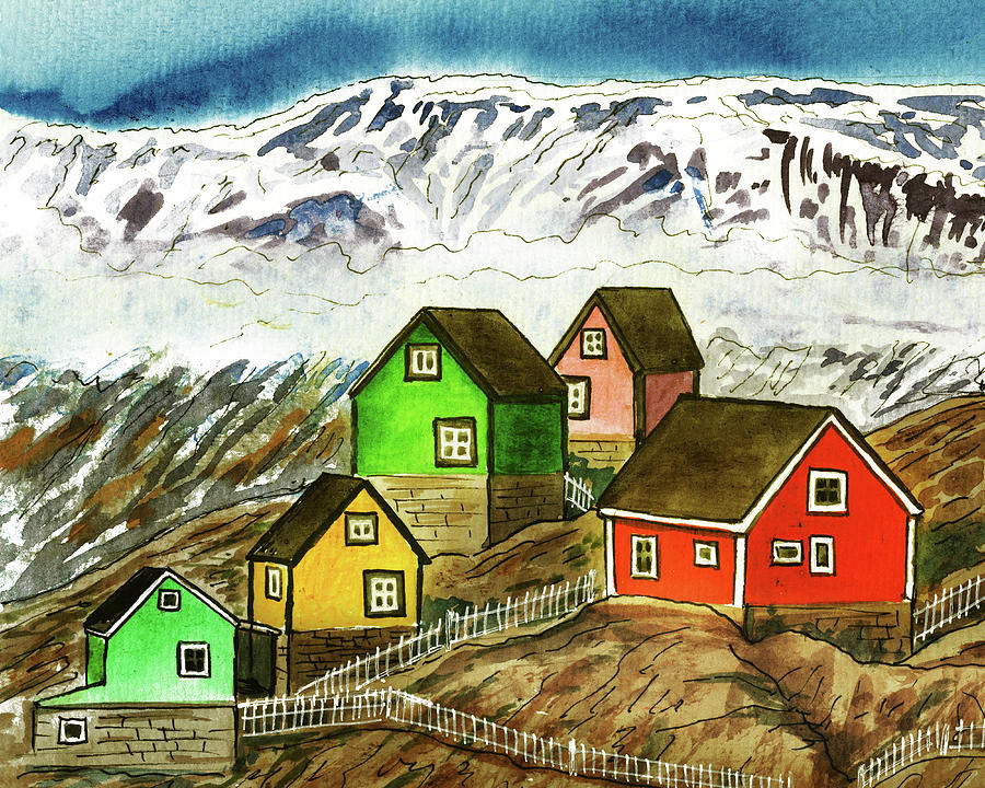 Colorful Buildings Of Greenland Watercolor Landscape  Painting by Irina Sztukowski