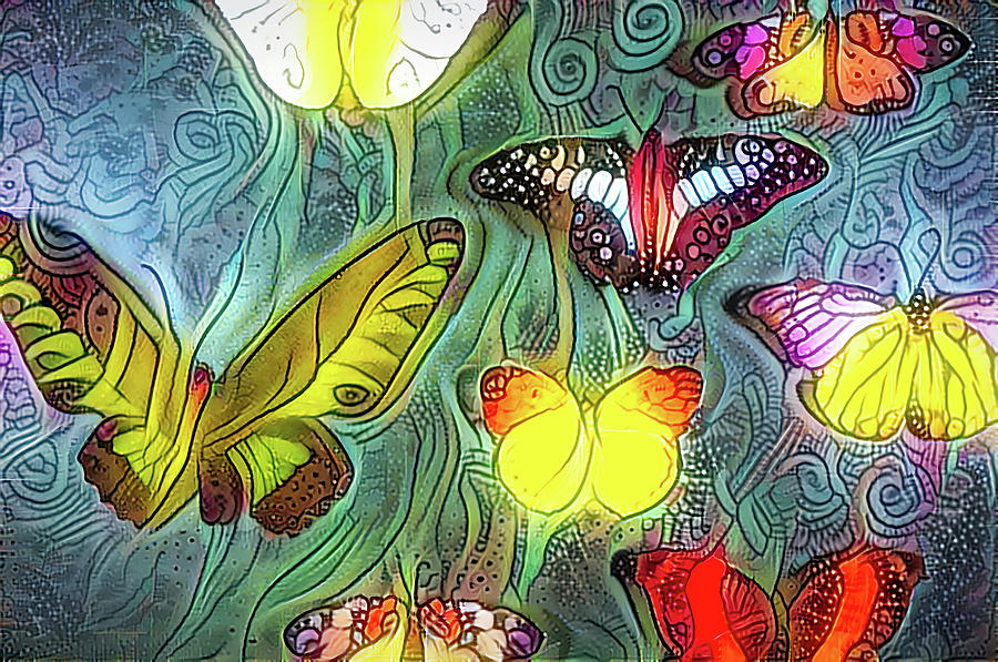 Colorful Butterflies glowing Digital Art by Cathy Anderson