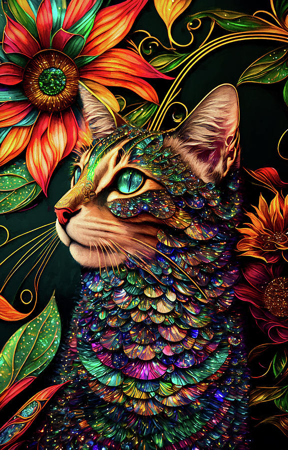 Colorful Cat and Sunflowers Digital Art by Peggy Collins