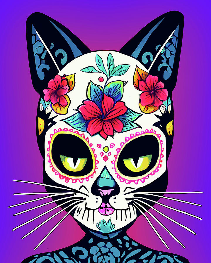 Colorful Cat Sugar Skull Digital Art by Mark Tisdale