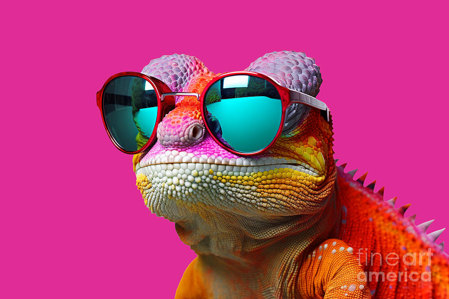 Colorful chameleon whit sunglasses Photograph by Delphimages Photo Creations