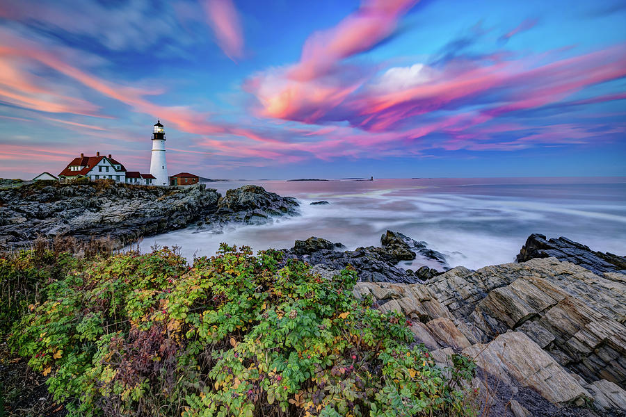Colorful Coastal Maine Sunset At Cape Elizabeth Portland Head Lighthouse Photograph by Gregory Ballos