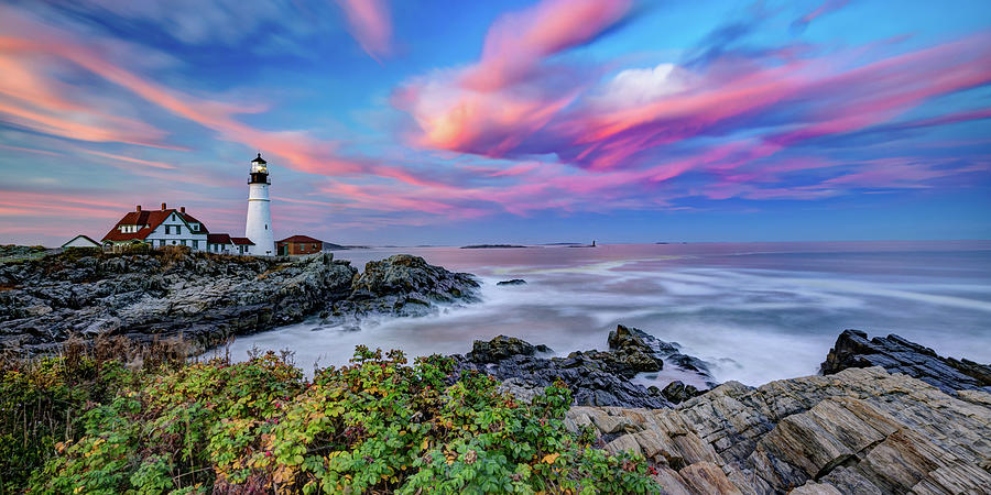 Colorful Coastal Maine Sunset At Cape Elizabeth Portland Head Lighthouse Panorama Photograph by Gregory Ballos