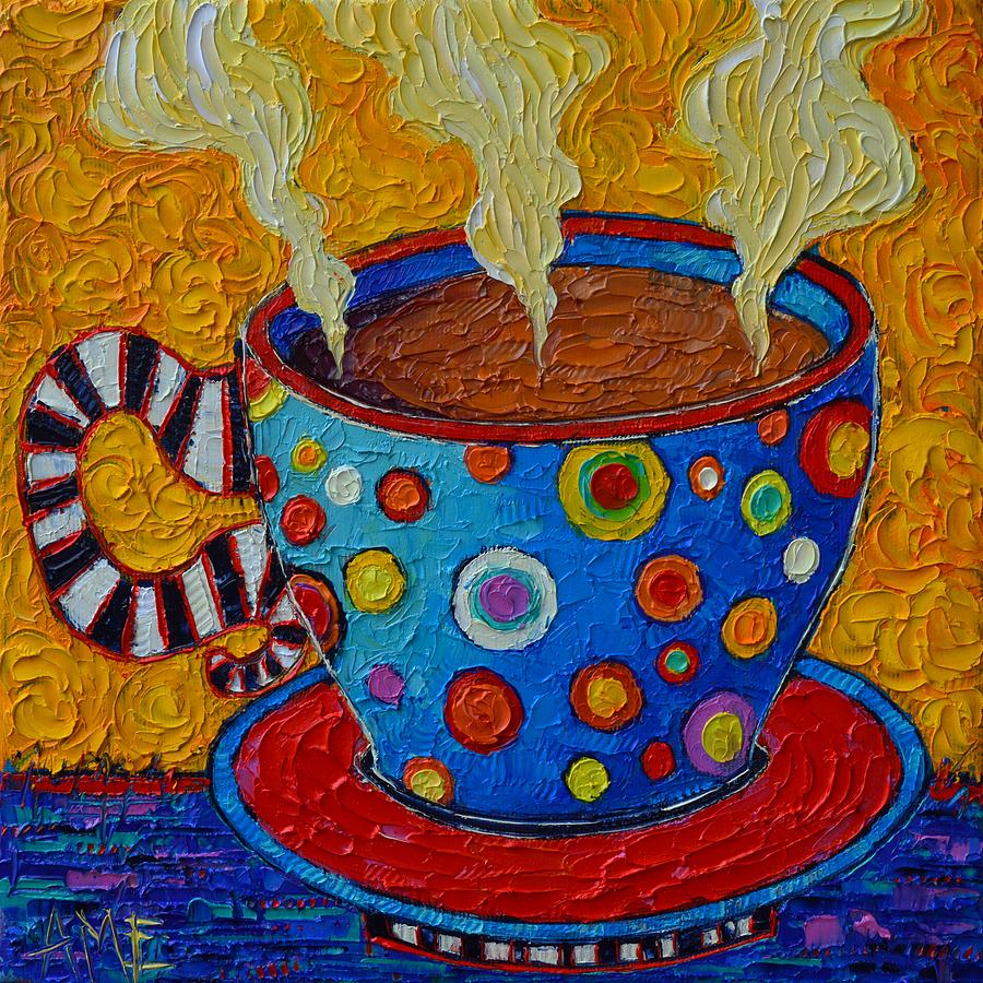 COLORFUL COFFEE CUP WITH POLKA DOTS latte commissioned palette knife oil painting Ana Maria Edulescu Painting by Ana Maria Edulescu