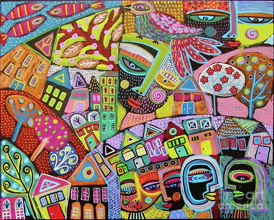 Colorful Community Saying Hello Painting by Sandra Silberzweig
