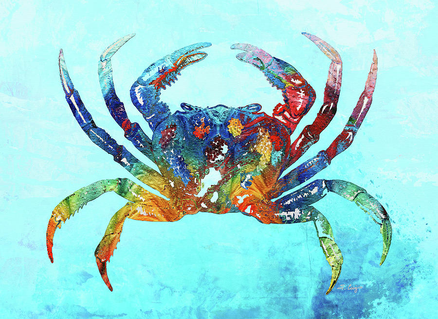 Primary Colors Painting - Colorful Crab On Blue Beach Art by Sharon Cummings