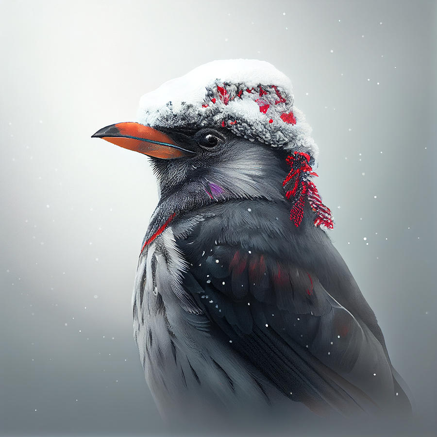 Colorful  crow  wearing  santa  hat  grey  and  white    bac      aa  ebfe by Asar Studios Digital Art by Celestial Images