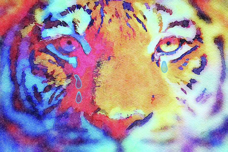 Colorful Crying Tiger Watercolor Wildlife Painting  Digital Art by Shelli Fitzpatrick