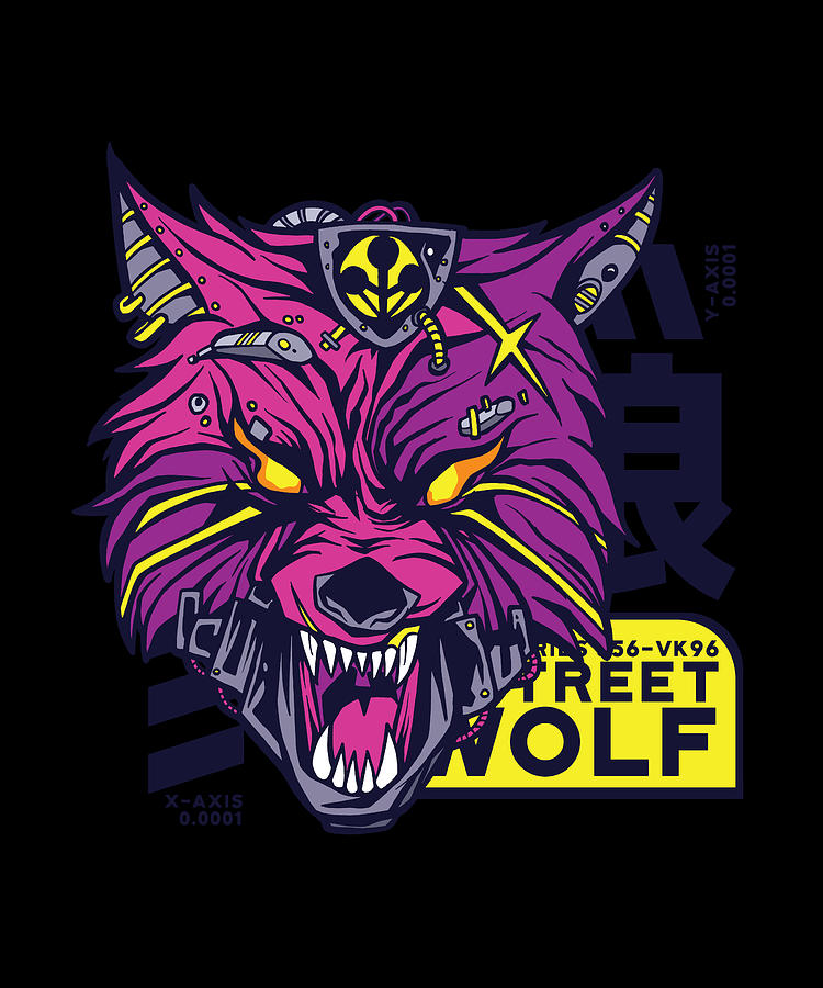 Colorful cyberpunk wolf with street wolf quote by Norman W