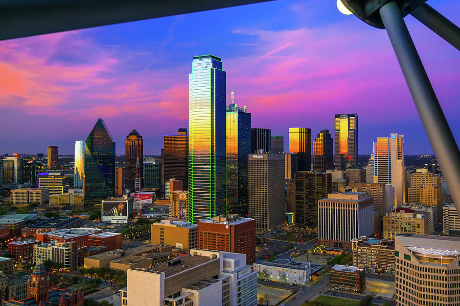 Colorful Dallas Skyline Sunset through The Ball of Reunion Tower Photograph by Gregory Ballos