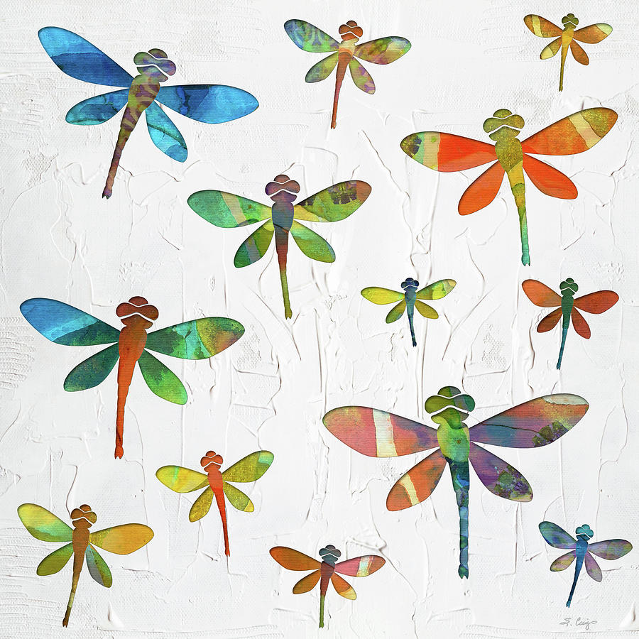 Colorful Dancing Dragonflies Art Painting by Sharon Cummings