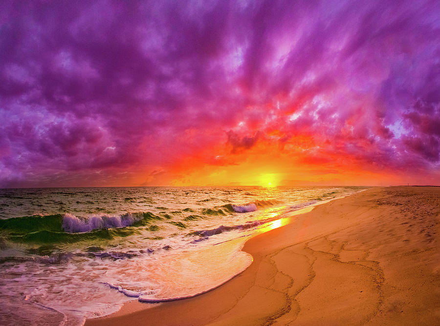 Colorful Dark Red Purple Beach Sunset Ocean Waves Photograph by Eszra Tanner