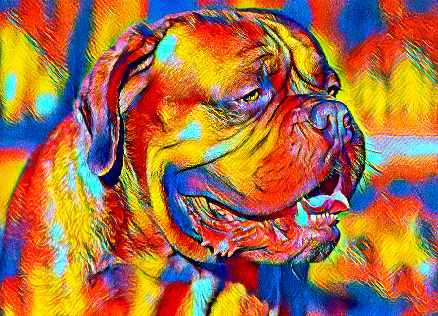 Colorful Dogue de Bordeaux with his mouth open in blue, yellow and red Digital Art by Nicko Prints