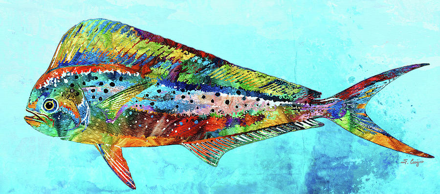 Colorful Dolphin Fish Beach Art On Blue Painting by Sharon Cummings