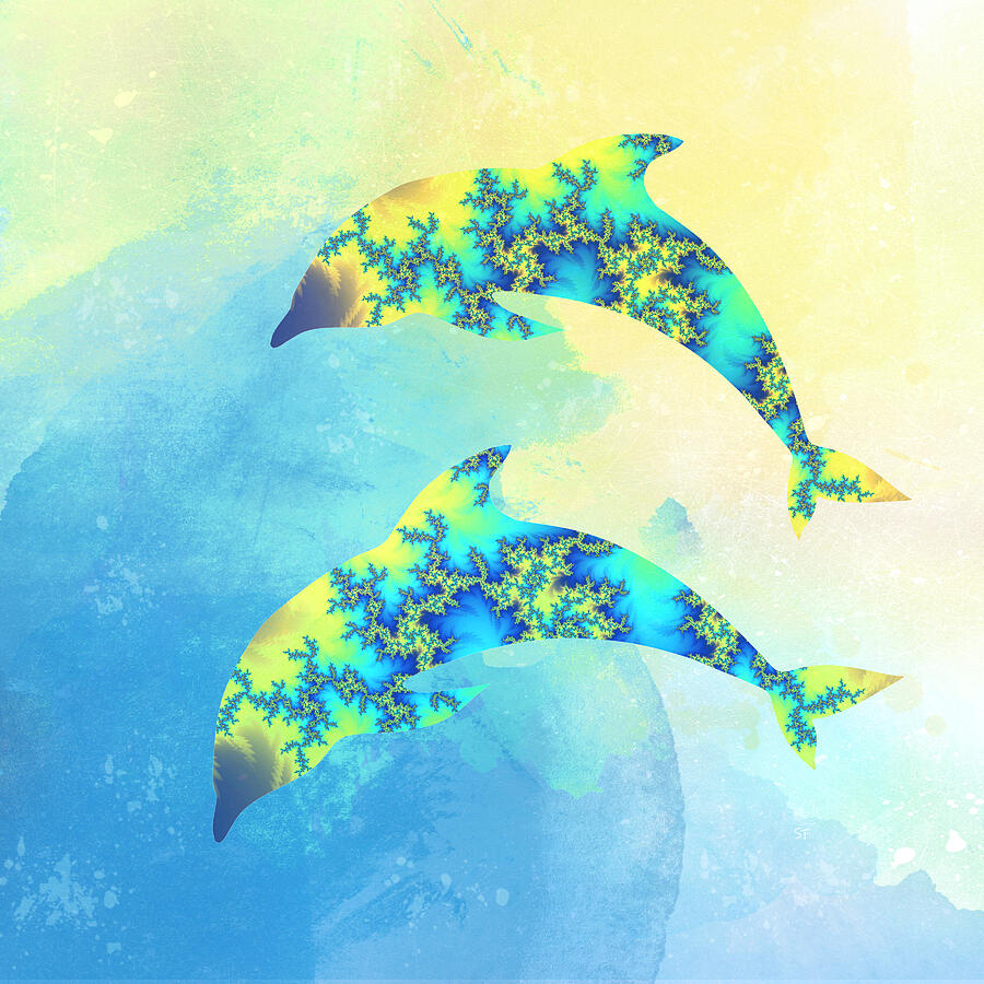 Colorful Dolphins Fractal Watercolor Fusion Art Mixed Media