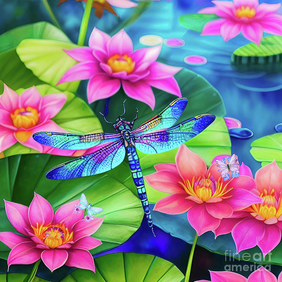 Flower Digital Art - Colorful Dragonfly and Water Lilies Digital by Debra Miller