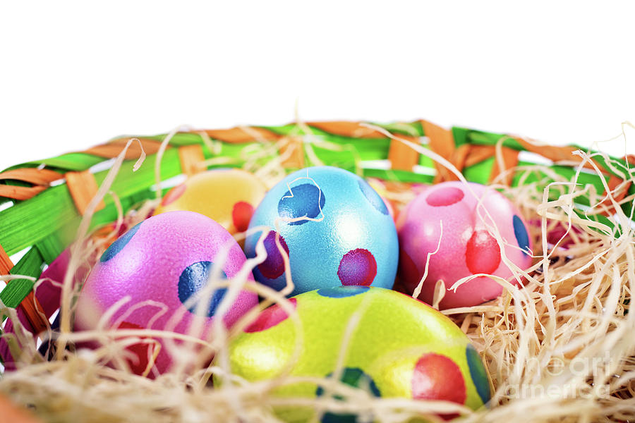 Colorful Easter eggs with polka dots in a basket Photograph by Mendelex Photography