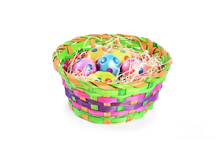 Colorful Easter eggs with polka dots in a colorful basket Photograph by Mendelex Photography