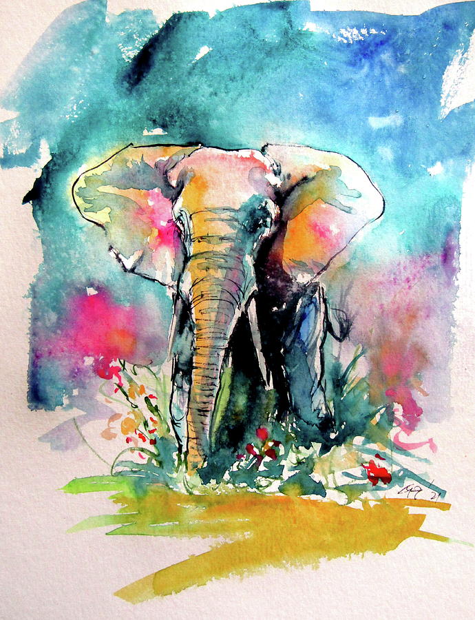 Wildlife Painting - Colorful elephant with flowers by Kovacs Anna Brigitta