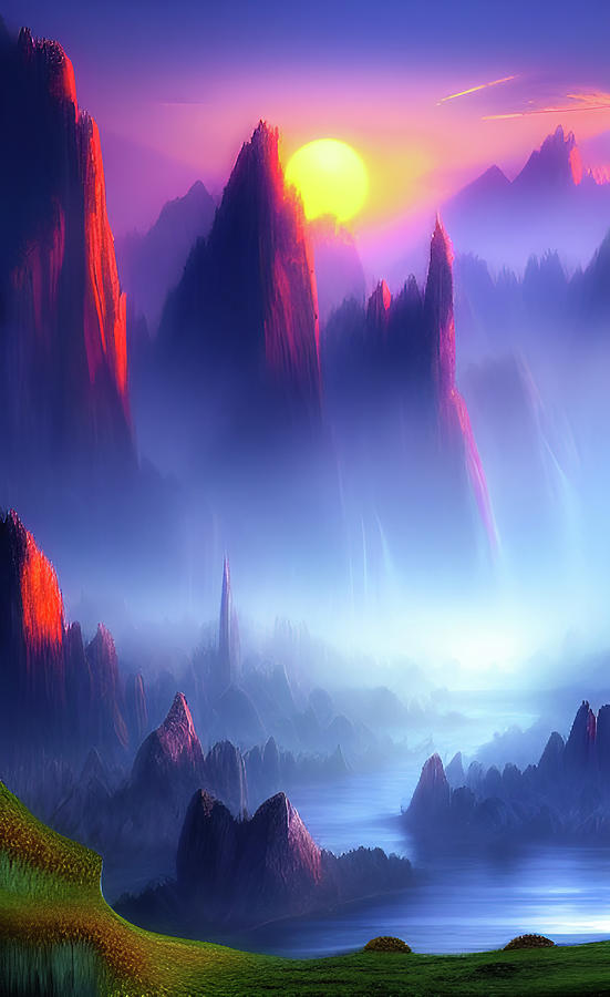 Colorful Fantasy Landscape Morning Mist Digital Art by Matthias Hauser