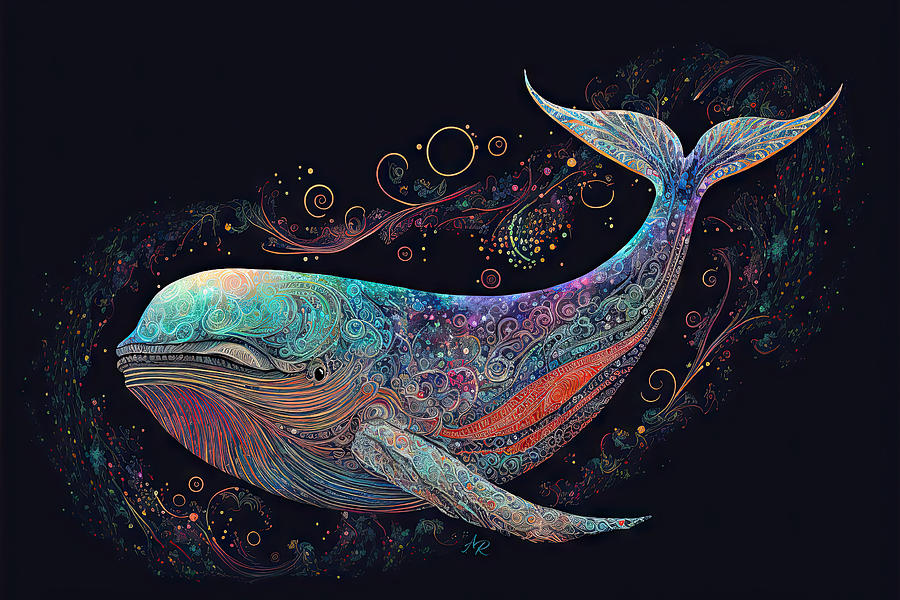 Colorful Filigree Whale in Black Sea Digital Art by Adrian Reich